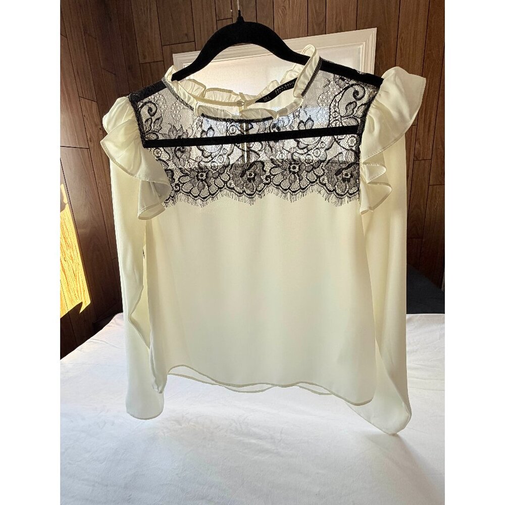 ZARA light cream blouse, black lace yoke, ruffle shoulders/neck - As worn on TV